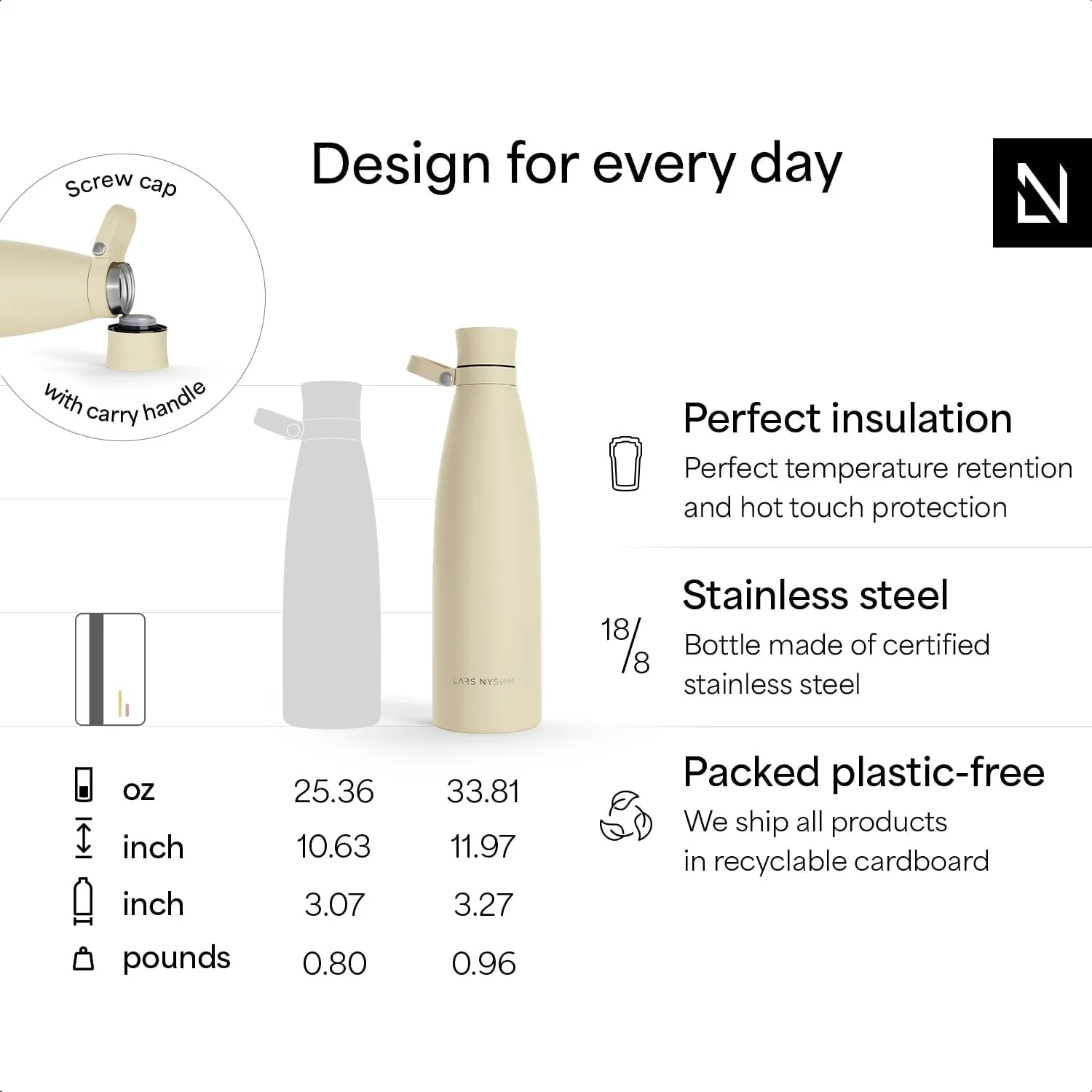 LARS NYSØM Stainless Steel Insulated Water Bottle 25oz 34oz | Insulated Thermo Flask for Hot and Cold Beverages | Leakproof Drinking Bottle (Sage Green, 33.9oz)