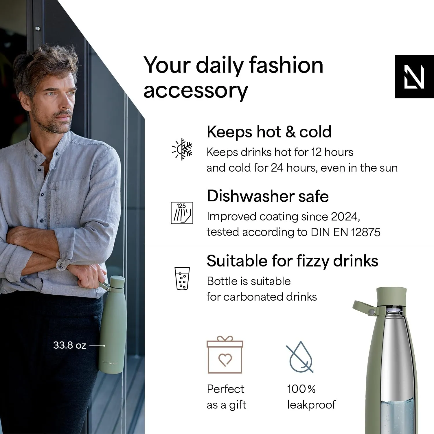 LARS NYSØM Stainless Steel Insulated Water Bottle 25oz 34oz | Insulated Thermo Flask for Hot and Cold Beverages | Leakproof Drinking Bottle (Sage Green, 33.9oz)