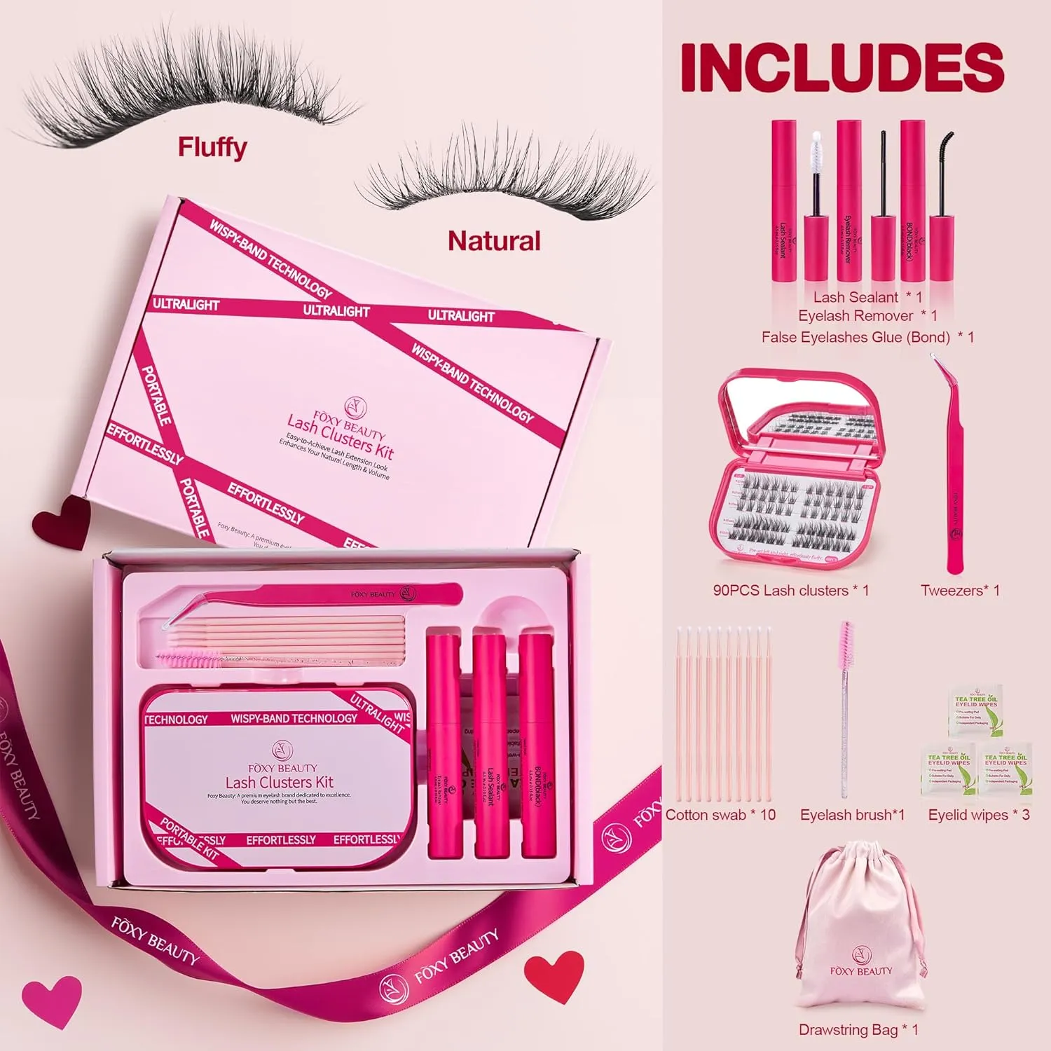 Lash Clusters Kit with Bond and Seal, Left & Right Lash Extension Set, Eyelid Wipes Remover, Eyelash Brush, Drawstring Bag - Portable Starter Gift Set