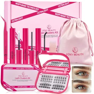 Lash Clusters Kit with Bond and Seal, Left & Right Lash Extension Set, Eyelid Wipes Remover, Eyelash Brush, Drawstring Bag - Portable Starter Gift Set