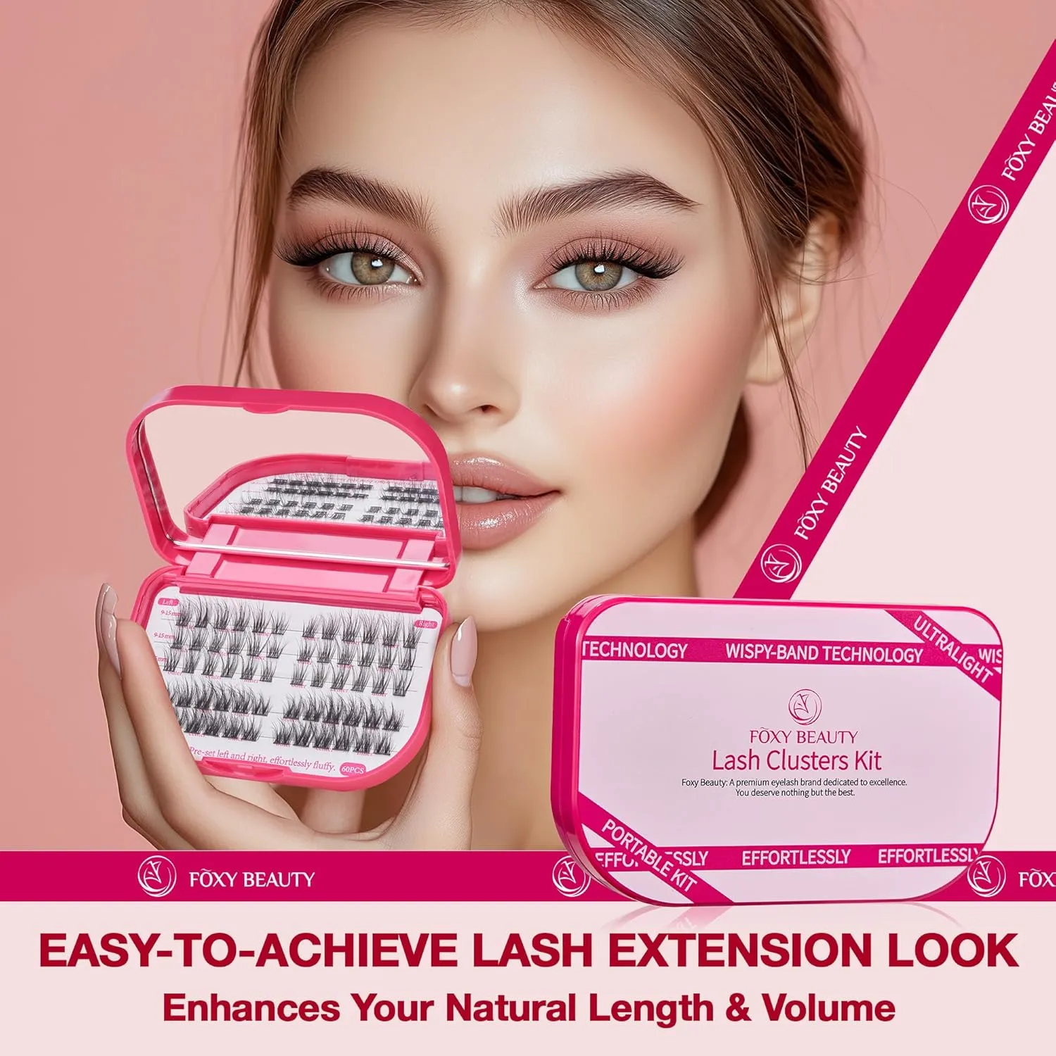 Lash Clusters Kit with Bond and Seal, Left & Right Lash Extension Set, Eyelid Wipes Remover, Eyelash Brush, Drawstring Bag - Portable Starter Gift Set