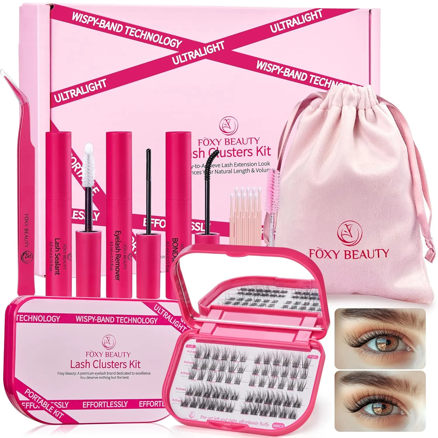 Lash Clusters Kit with Bond and Seal, Left & Right Lash Extension Set, Eyelid Wipes Remover, Eyelash Brush, Drawstring Bag - Portable Starter Gift Set