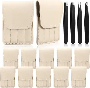 Lasnten 12 Sets Eyebrow Tweezers Set and Curved Scissors, 4 in 1 Professional Stainless Steel Tweezers for Women and Men, Splinter and Ingrown Hair Removal with Travel Case(Beige)