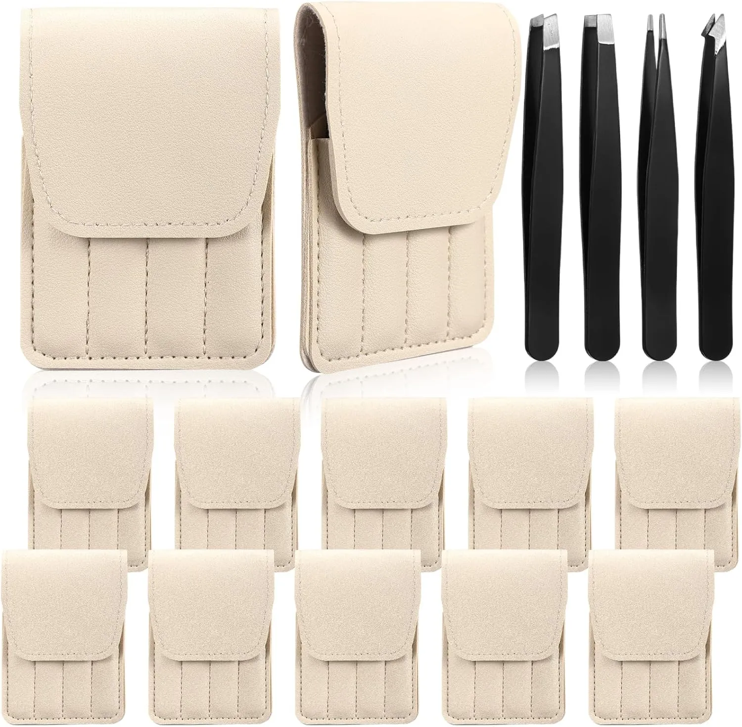 Lasnten 12 Sets Eyebrow Tweezers Set and Curved Scissors, 4 in 1 Professional Stainless Steel Tweezers for Women and Men, Splinter and Ingrown Hair Removal with Travel Case(Beige)