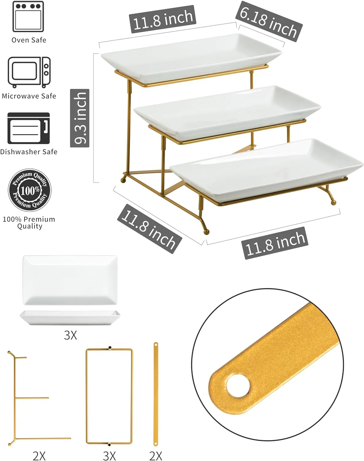 LAUCHUH 3 Tier Serving Stand Porcelain Serving Platter Tier Serving Trays with Collapsible Sturdier Rack, Serving Dishes and Platters for Valentine's Day, Christmas, Entertaining, Gold, 12 Inch