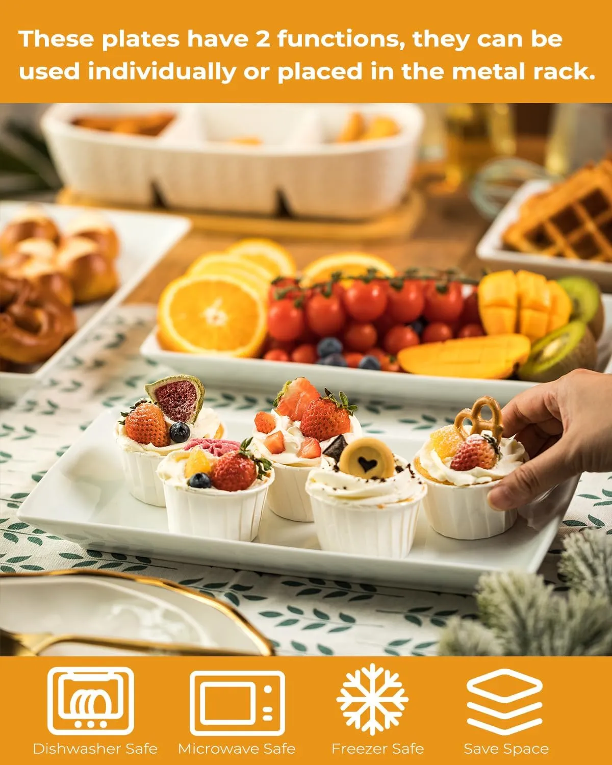 LAUCHUH 3 Tier Serving Stand Porcelain Serving Platter Tier Serving Trays with Collapsible Sturdier Rack, Serving Dishes and Platters for Valentine's Day, Christmas, Entertaining, Gold, 12 Inch