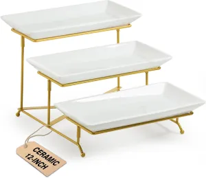 LAUCHUH 3 Tier Serving Stand Porcelain Serving Platter Tier Serving Trays with Collapsible Sturdier Rack, Serving Dishes and Platters for Valentine's Day, Christmas, Entertaining, Gold, 12 Inch
