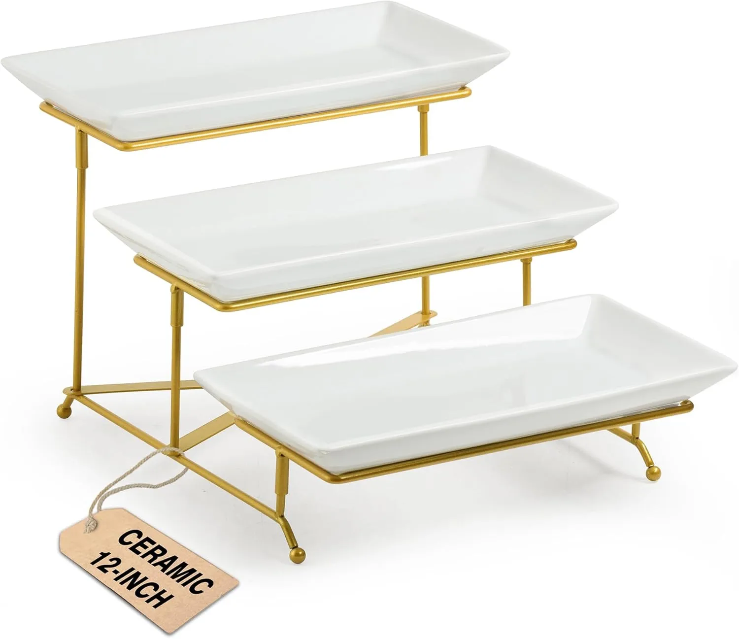 LAUCHUH 3 Tier Serving Stand Porcelain Serving Platter Tier Serving Trays with Collapsible Sturdier Rack, Serving Dishes and Platters for Valentine's Day, Christmas, Entertaining, Gold, 12 Inch