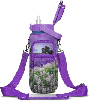 Lavender Half Gallon Water Bottle With Sleeve - BPA Free 64 OZ With Time Marker - Leakproof Jug for Motivational Workout, Office, Gym, Outdoor Hiking, Travel