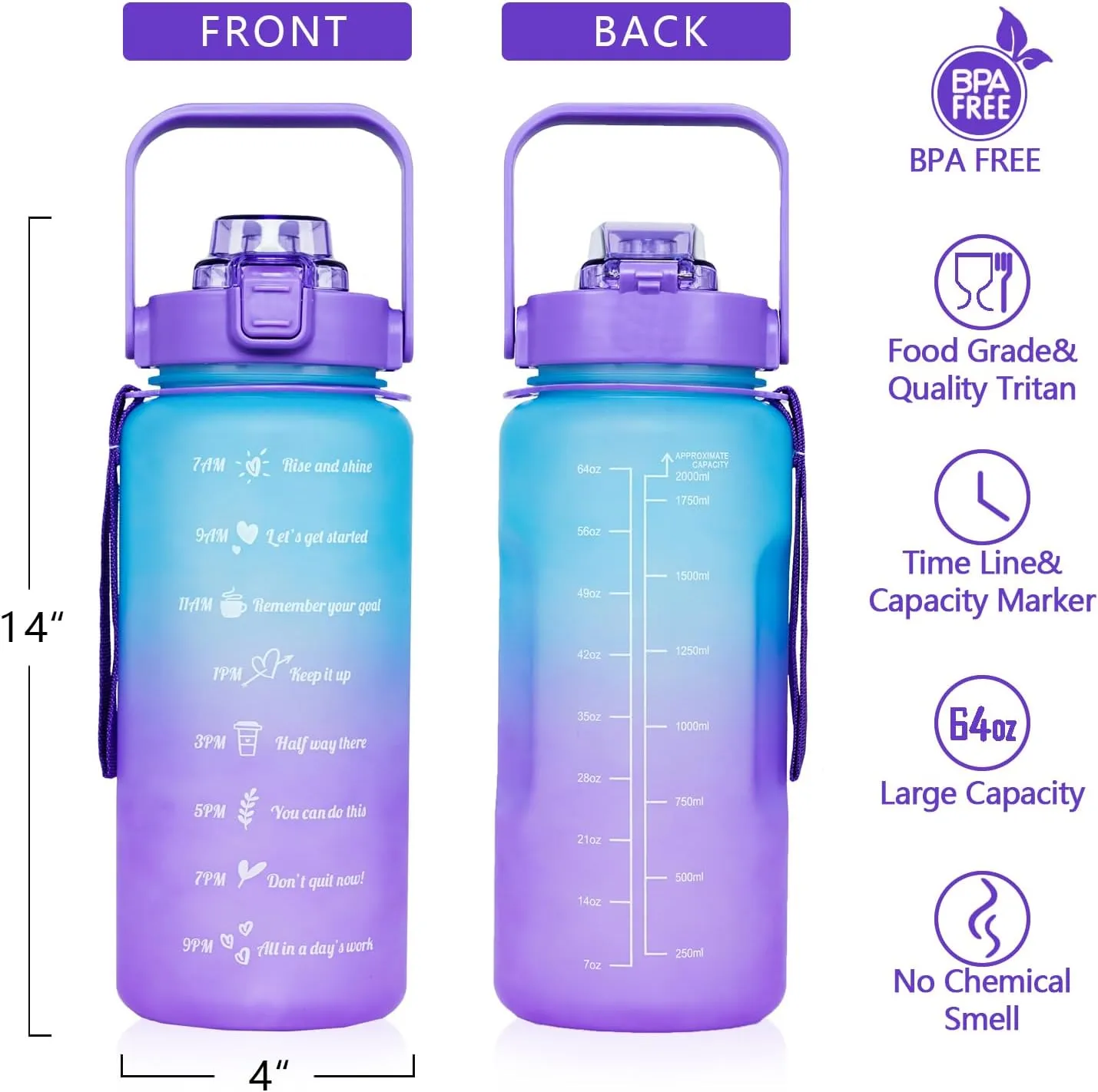 Lavender Half Gallon Water Bottle With Sleeve - BPA Free 64 OZ With Time Marker - Leakproof Jug for Motivational Workout, Office, Gym, Outdoor Hiking, Travel