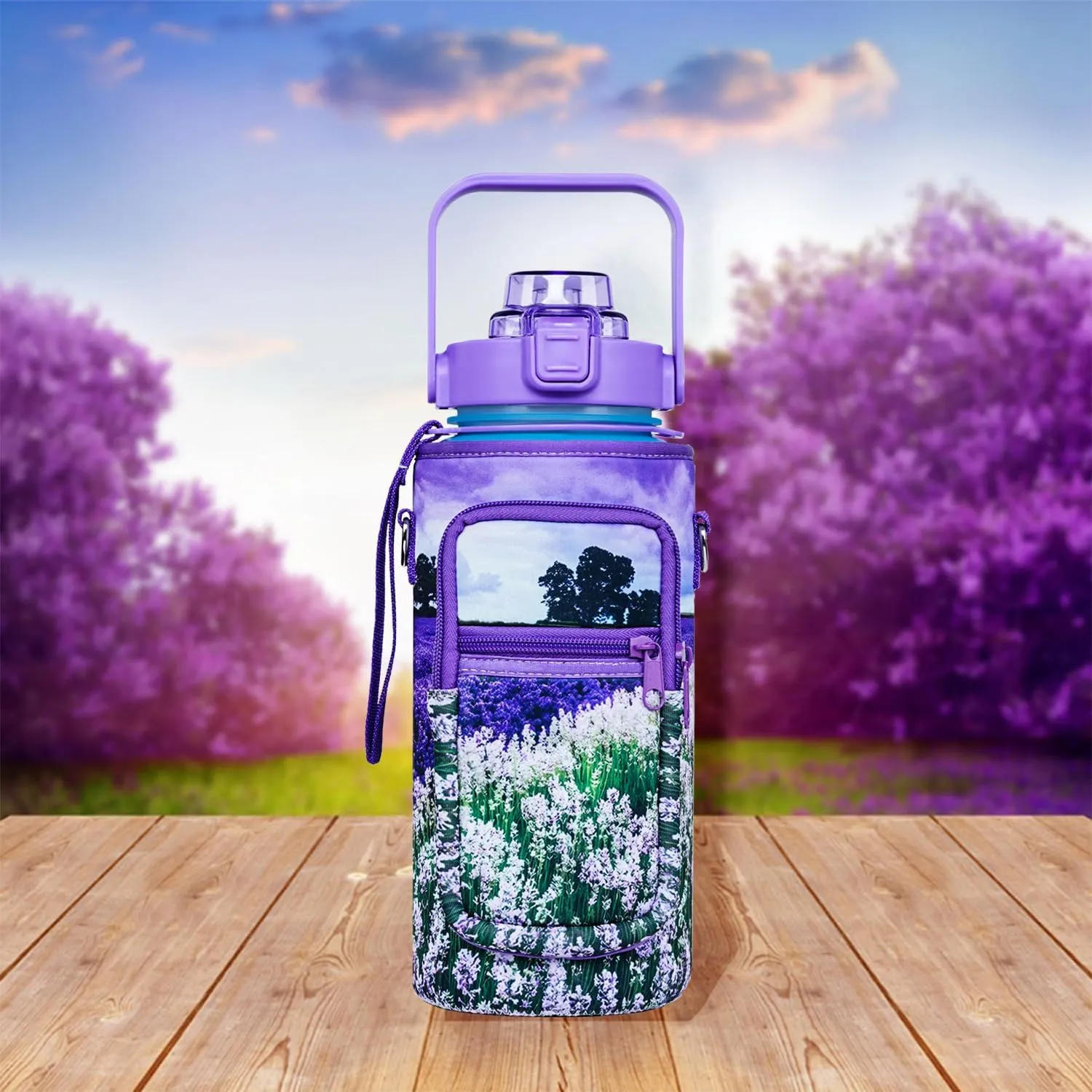 Lavender Half Gallon Water Bottle With Sleeve - BPA Free 64 OZ With Time Marker - Leakproof Jug for Motivational Workout, Office, Gym, Outdoor Hiking, Travel