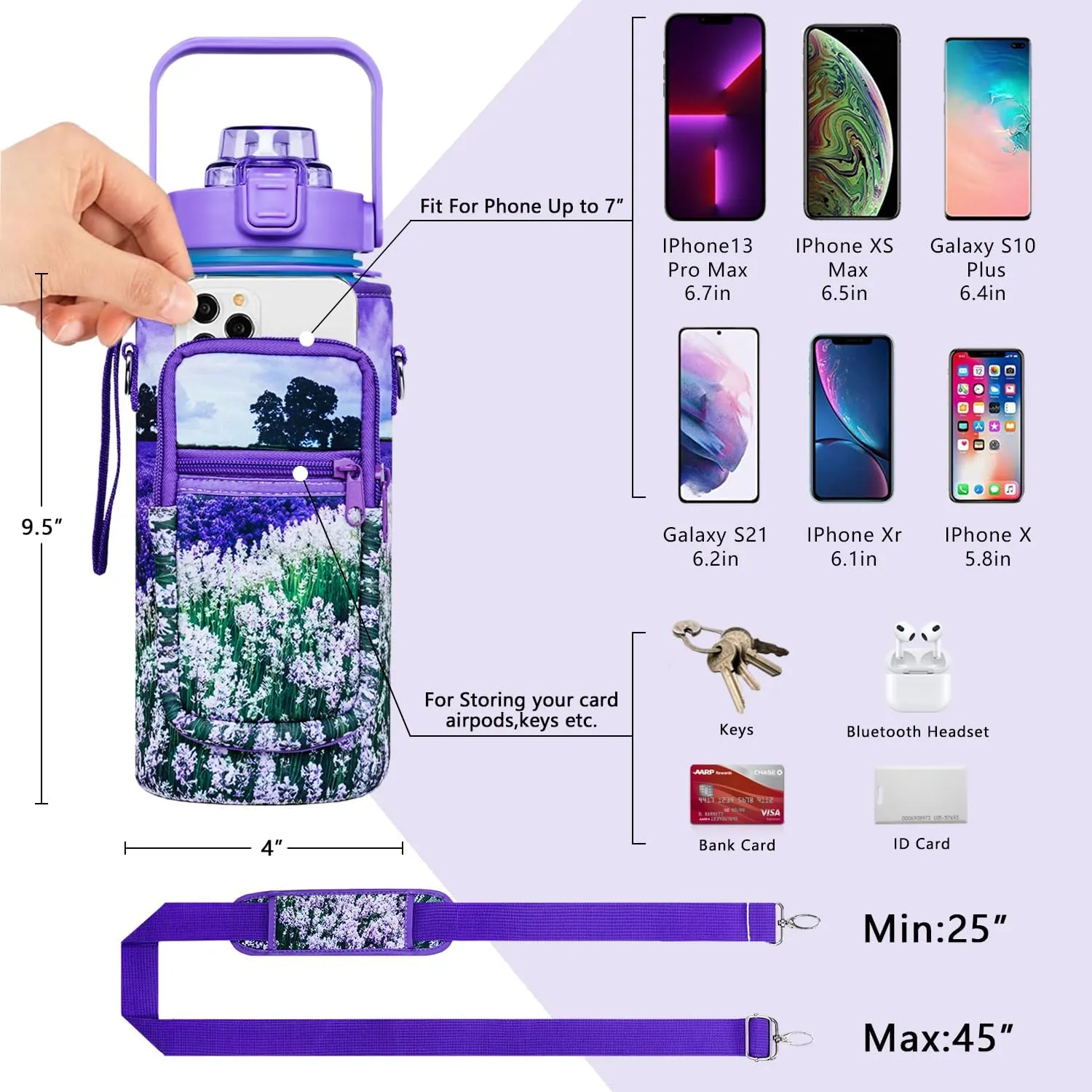 Lavender Half Gallon Water Bottle With Sleeve - BPA Free 64 OZ With Time Marker - Leakproof Jug for Motivational Workout, Office, Gym, Outdoor Hiking, Travel