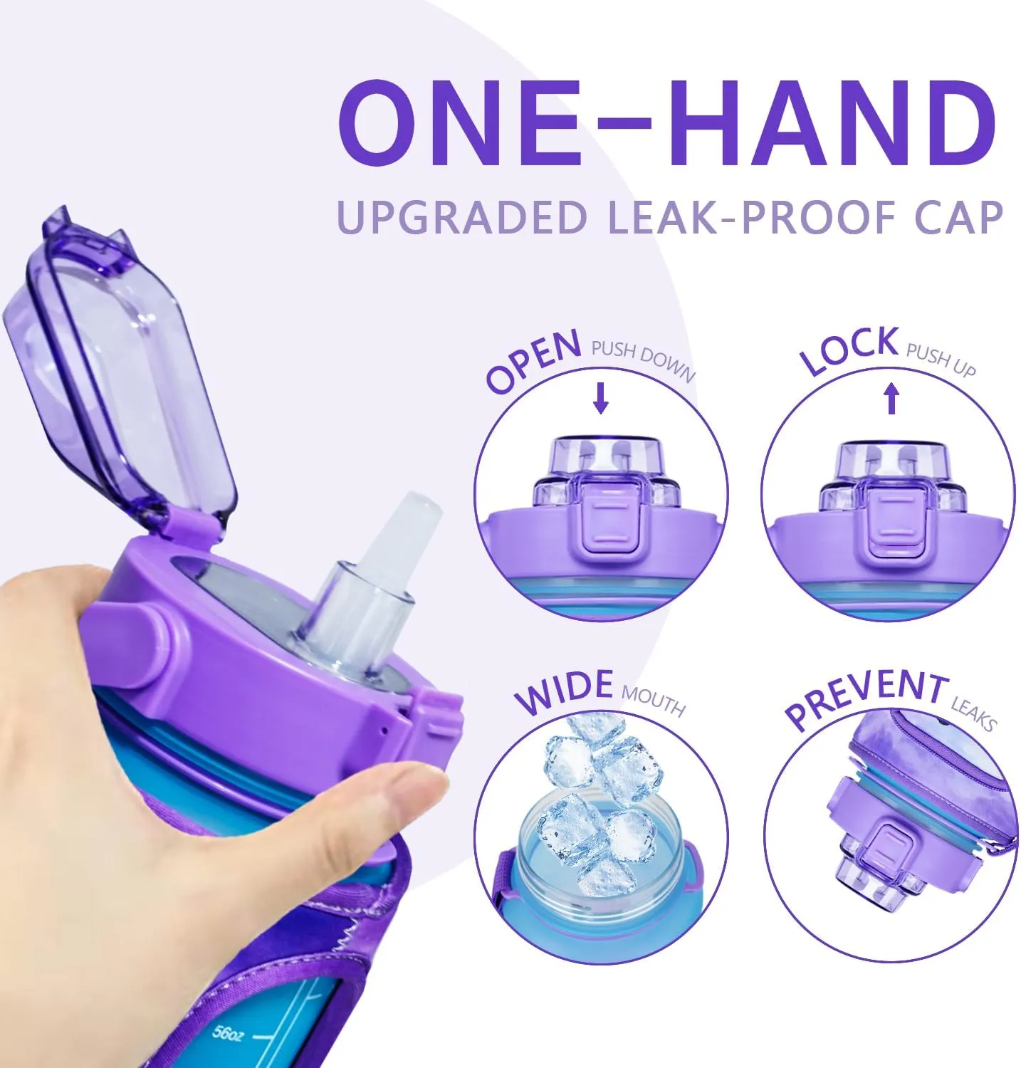 Lavender Half Gallon Water Bottle With Sleeve - BPA Free 64 OZ With Time Marker - Leakproof Jug for Motivational Workout, Office, Gym, Outdoor Hiking, Travel