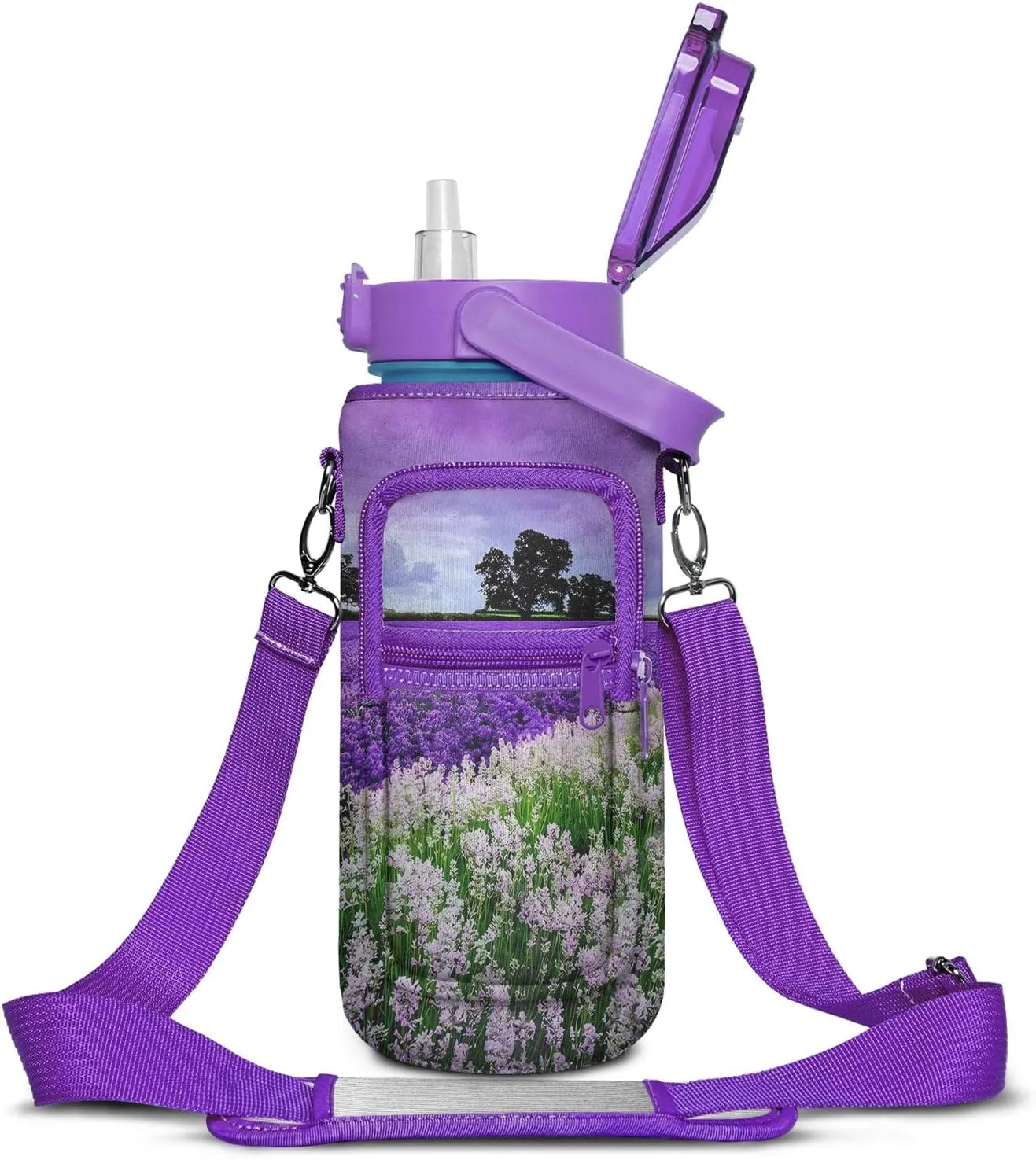Lavender Half Gallon Water Bottle With Sleeve - BPA Free 64 OZ With Time Marker - Leakproof Jug for Motivational Workout, Office, Gym, Outdoor Hiking, Travel