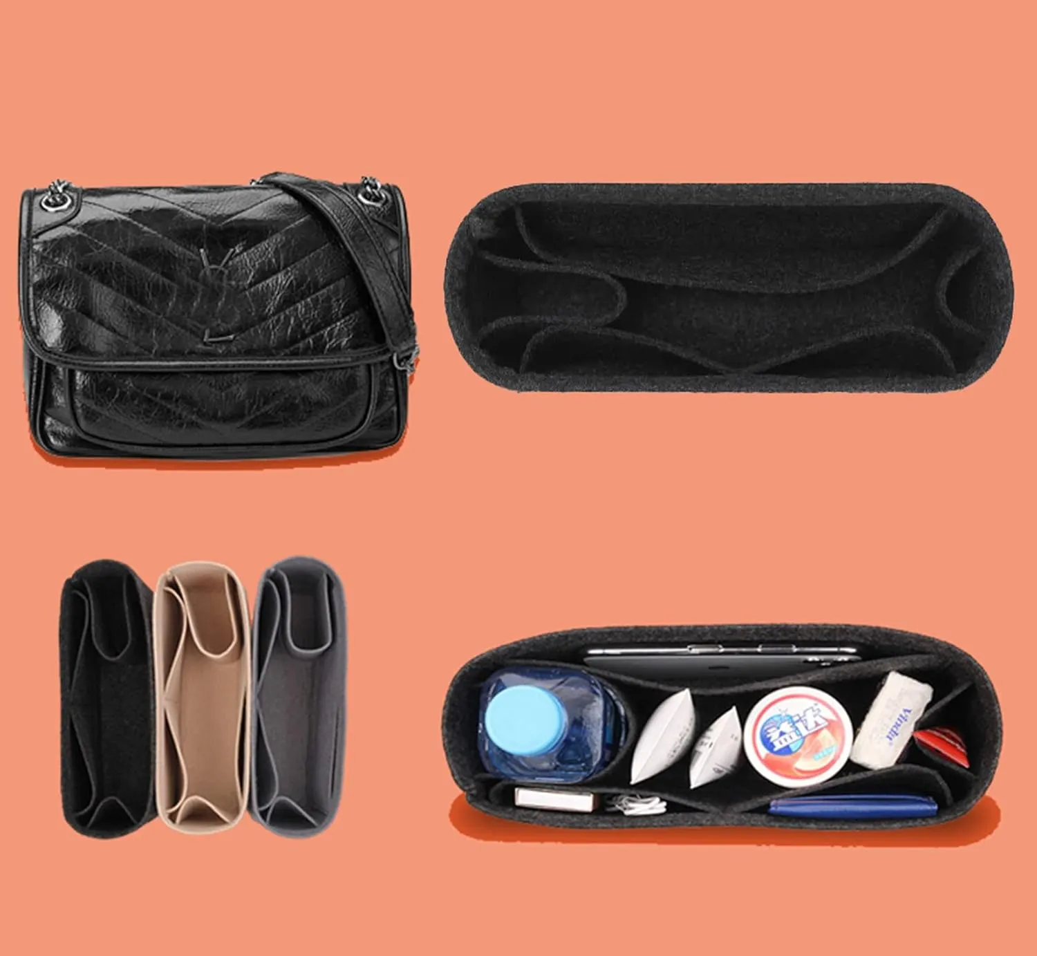 Lckaey Purse Insert Organizer for medium niki matelassé crinkled leather shoulder bag saint laurent 2043black-M