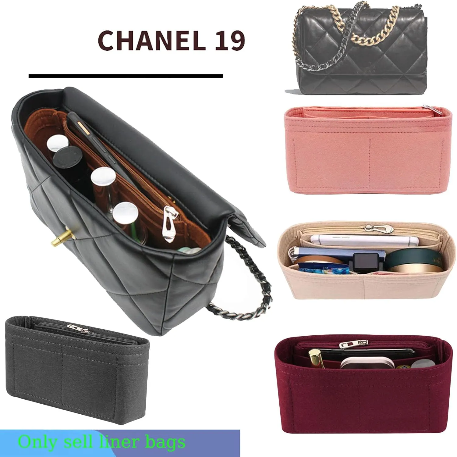 Lckaey Purse Organizer Insert for 19 Bag Flap Small bag Organizer with Side Zipper Pocket 1016beige-S
