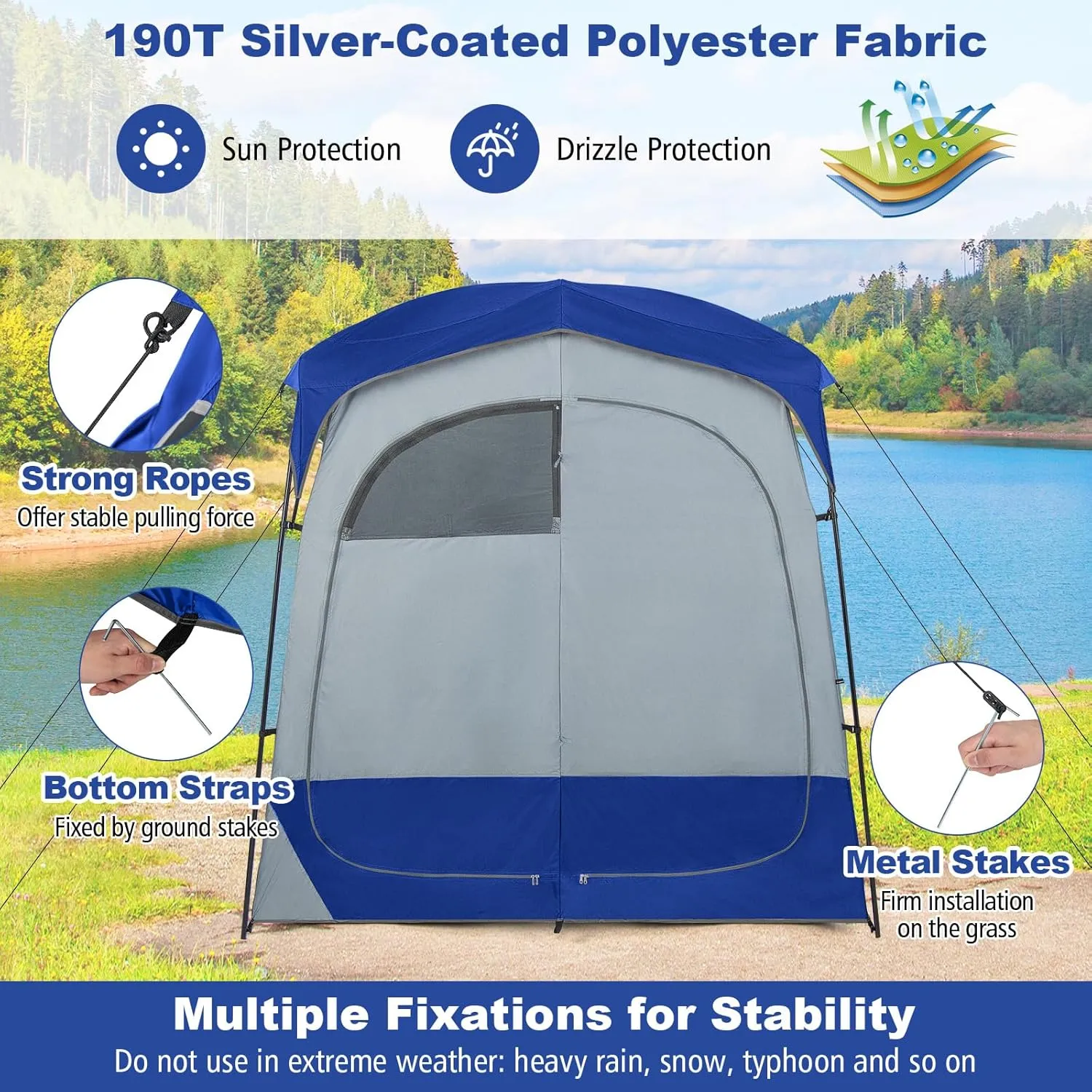 LDAILY Camping Shower Tent, 2 Room Instant Privacy Tent with Floor, Removable Rain Cover, Mesh Window, Inside Pocket and Clothesline, Portable Changing Room for Outdoor Toilet, Dressing