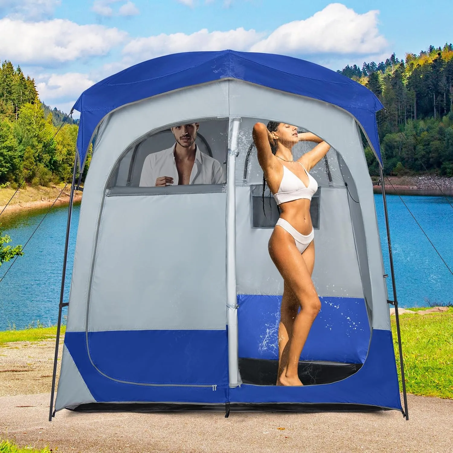 LDAILY Camping Shower Tent, 2 Room Instant Privacy Tent with Floor, Removable Rain Cover, Mesh Window, Inside Pocket and Clothesline, Portable Changing Room for Outdoor Toilet, Dressing
