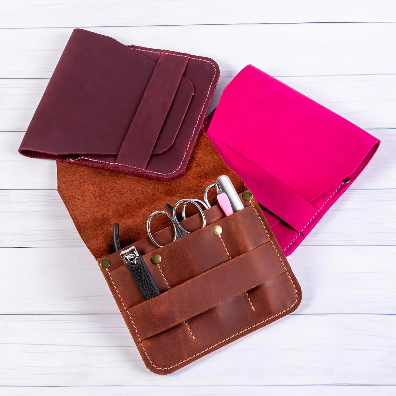 Leather Manicure Set Case Grooming Kit Organizer (Fuchsia)