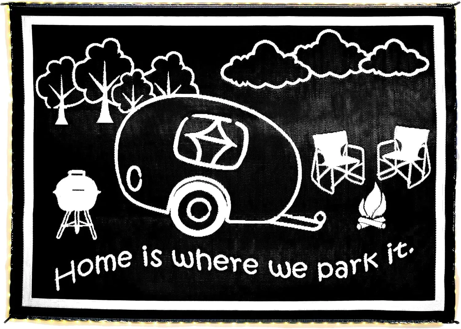 LED Illuminated Border RV Home Mat, Stylish Camping 8-Feet x 18-Feet, Black/White