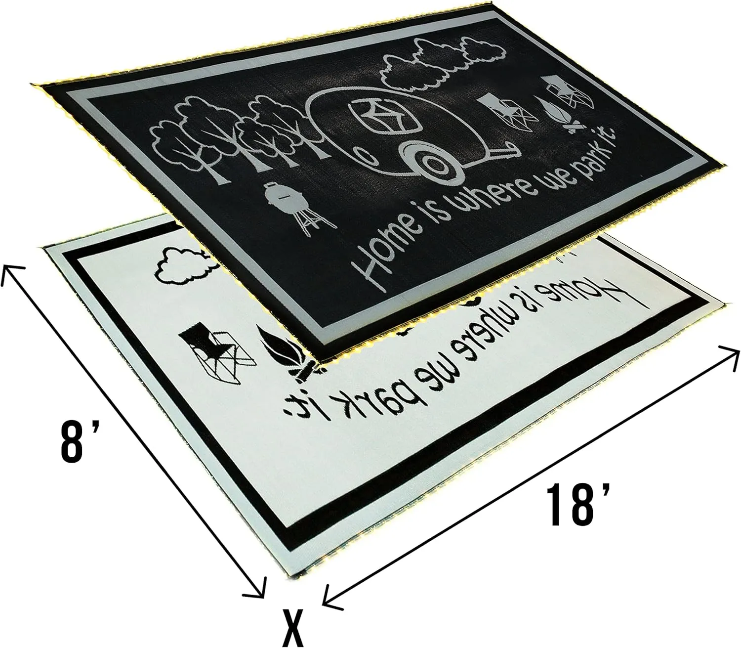 LED Illuminated Border RV Home Mat, Stylish Camping 8-Feet x 18-Feet, Black/White