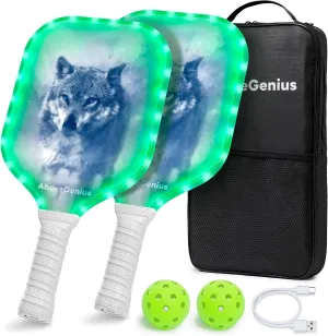 LED Light Up Pickleball Paddles Set of 2,Glow in The Dark,USAPA Approved Fiberglass Lightweight Pickleball Racket,2 Outdoor Balls & 1 Carrying Bag Gifts for Women Men Beginners