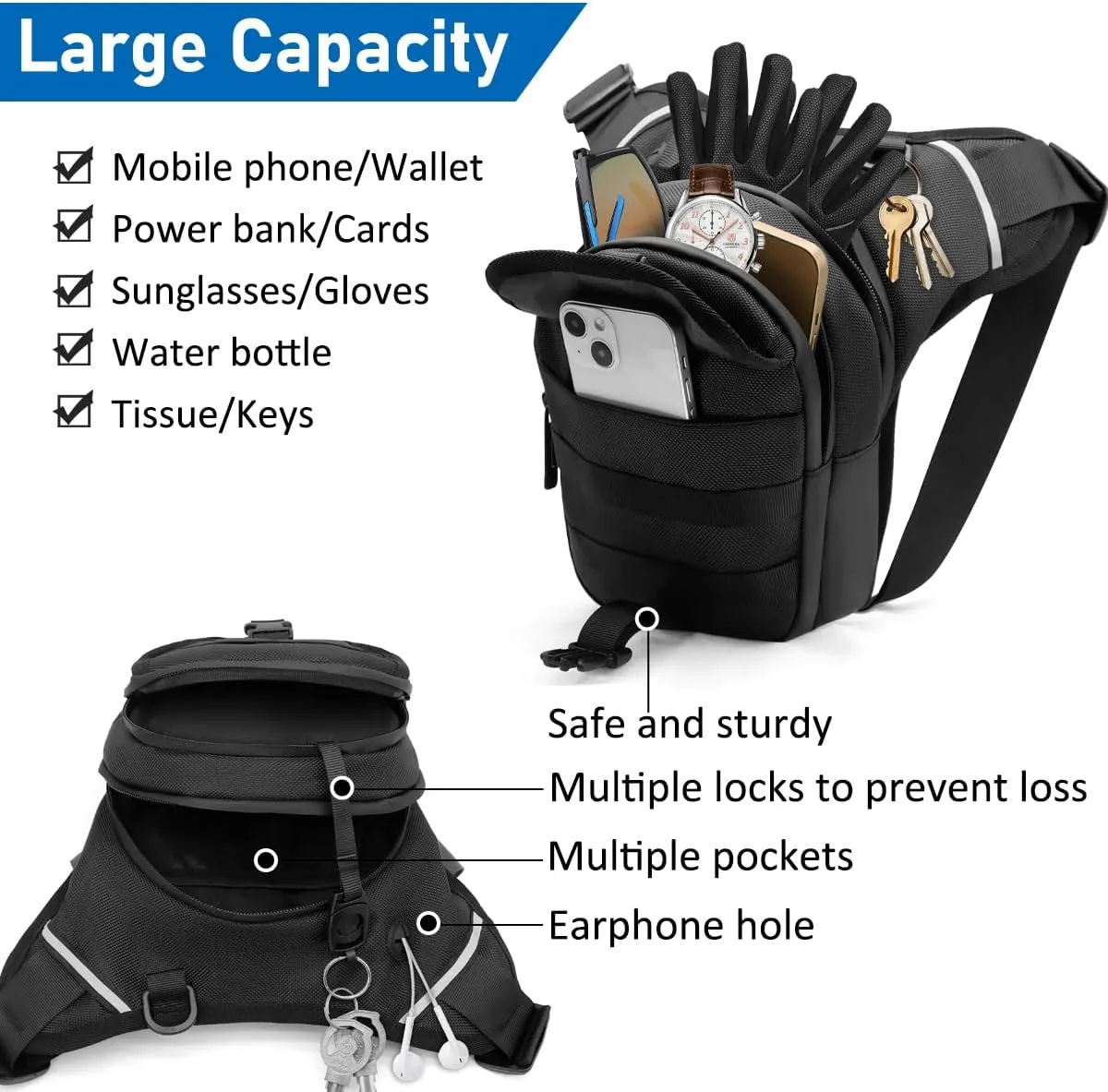Leg Bag for Men and Women Motorcycle Waist Thigh Bag Bicycle Leg Pack Tactical Military Drop Leg Pack Pouch (Black)