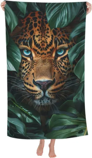 Leopard Beach Towel Microfiber Sand Free Tropical Leaves Towels for Adult Kids Quick Dry Ultra Absorbent Super Soft Pool Travel Swim Bath Shower Towel 52”x 32”