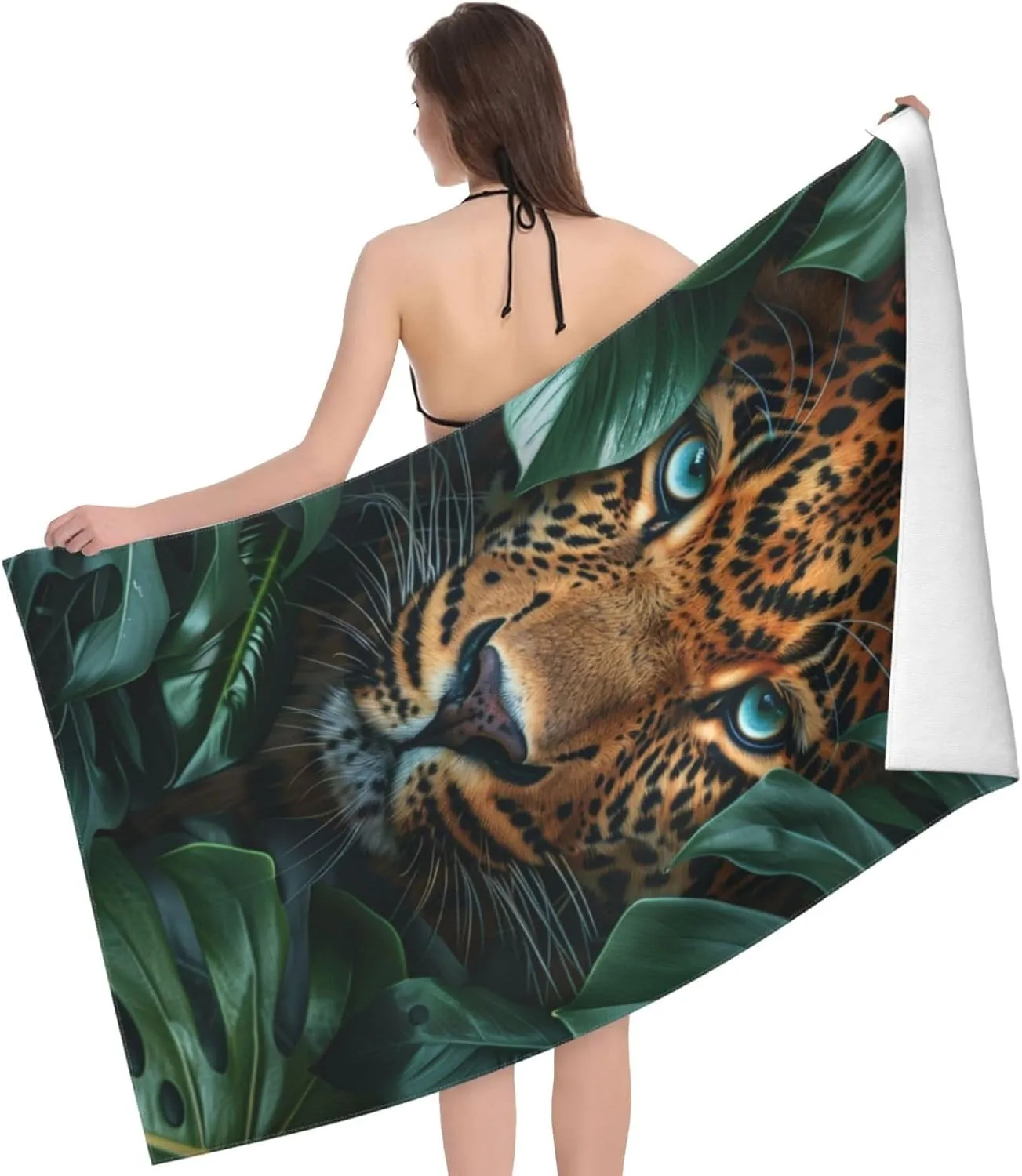 Leopard Beach Towel Microfiber Sand Free Tropical Leaves Towels for Adult Kids Quick Dry Ultra Absorbent Super Soft Pool Travel Swim Bath Shower Towel 52”x 32”