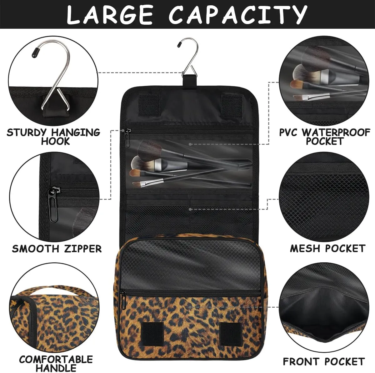 Leopard Hanging Travel Toiletry Bag for Kids, Women Cosmetic Organizer Makeup Bag Pouch Men Shaving Dopp Kit Shower Bag With Sturdy Hook