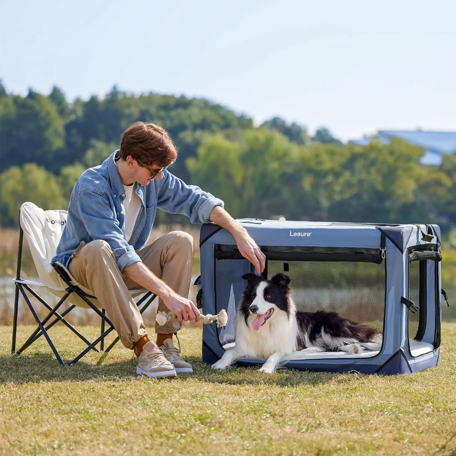 Lesure Collapsible Dog Crate - Portable Travel Kennel for Large Dog, 4-Door Pet Crate with Durable Mesh Windows, Indoor & Outdoor, Blue