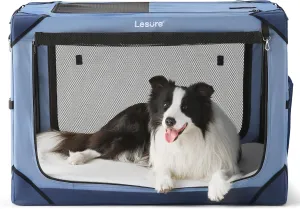 Lesure Collapsible Dog Crate - Portable Travel Kennel for Large Dog, 4-Door Pet Crate with Durable Mesh Windows, Indoor & Outdoor, Blue