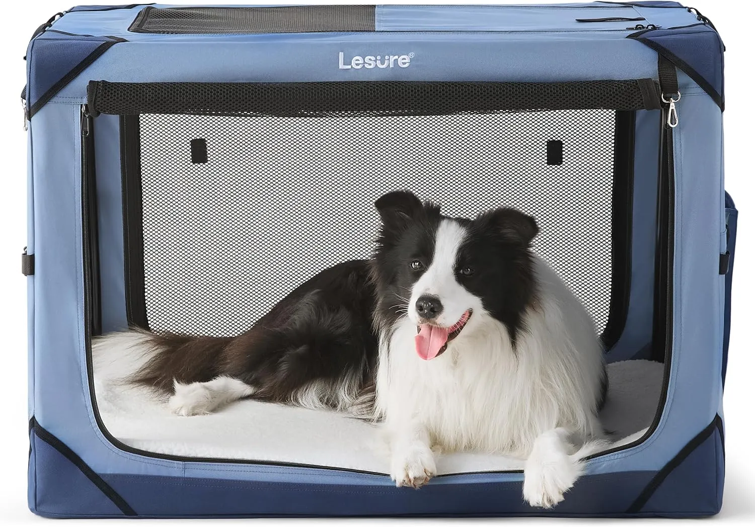Lesure Collapsible Dog Crate - Portable Travel Kennel for Large Dog, 4-Door Pet Crate with Durable Mesh Windows, Indoor & Outdoor, Blue