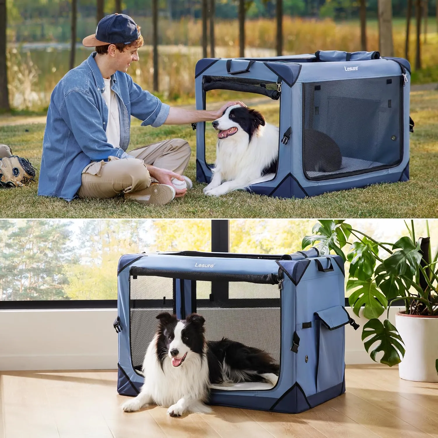 Lesure Collapsible Dog Crate - Portable Travel Kennel for Large Dog, 4-Door Pet Crate with Durable Mesh Windows, Indoor & Outdoor, Blue