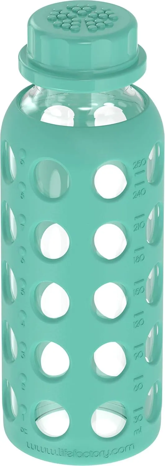 Lifefactory 9-Ounce Glass Water Bottle with Flat Cap and Silicone Sleeve Kale