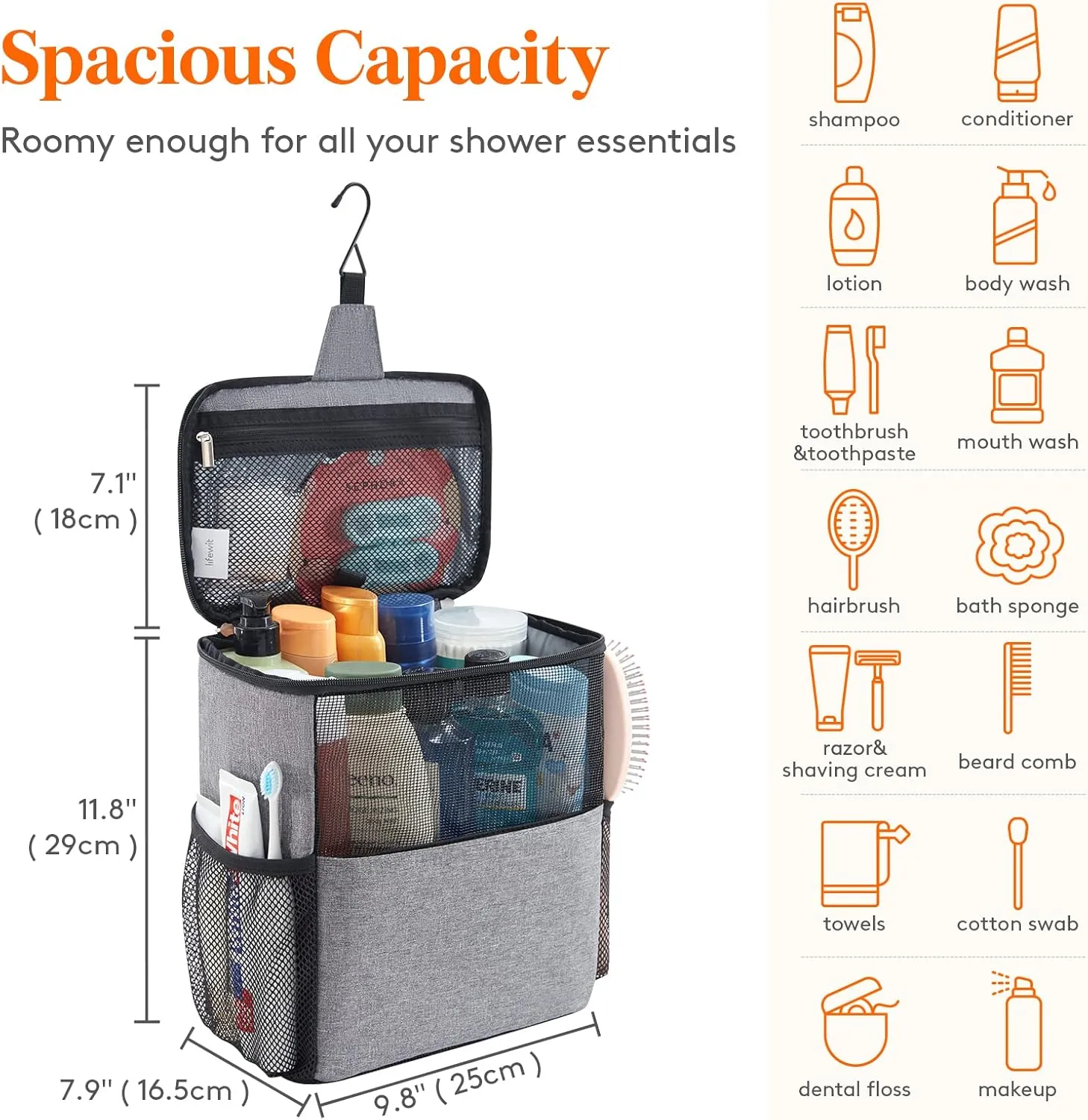Lifewit Mesh Shower Caddy Bag Portable College Dorm Room Essentials Caddy Tote Basket for Bathroom, Gym, Travel, Camping Quick Dry Hanging Shower Organizer Toiletry Bag for Women Wen, Large, Gray