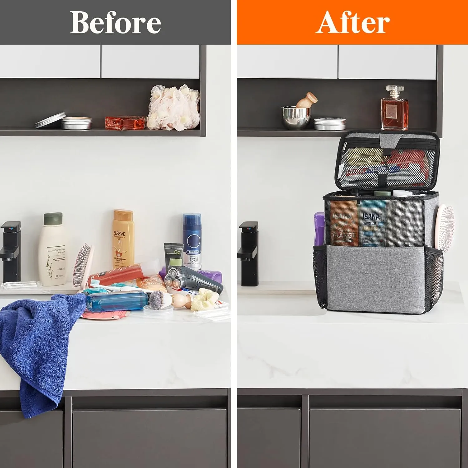 Lifewit Mesh Shower Caddy Bag Portable College Dorm Room Essentials Caddy Tote Basket for Bathroom, Gym, Travel, Camping Quick Dry Hanging Shower Organizer Toiletry Bag for Women Wen, Large, Gray