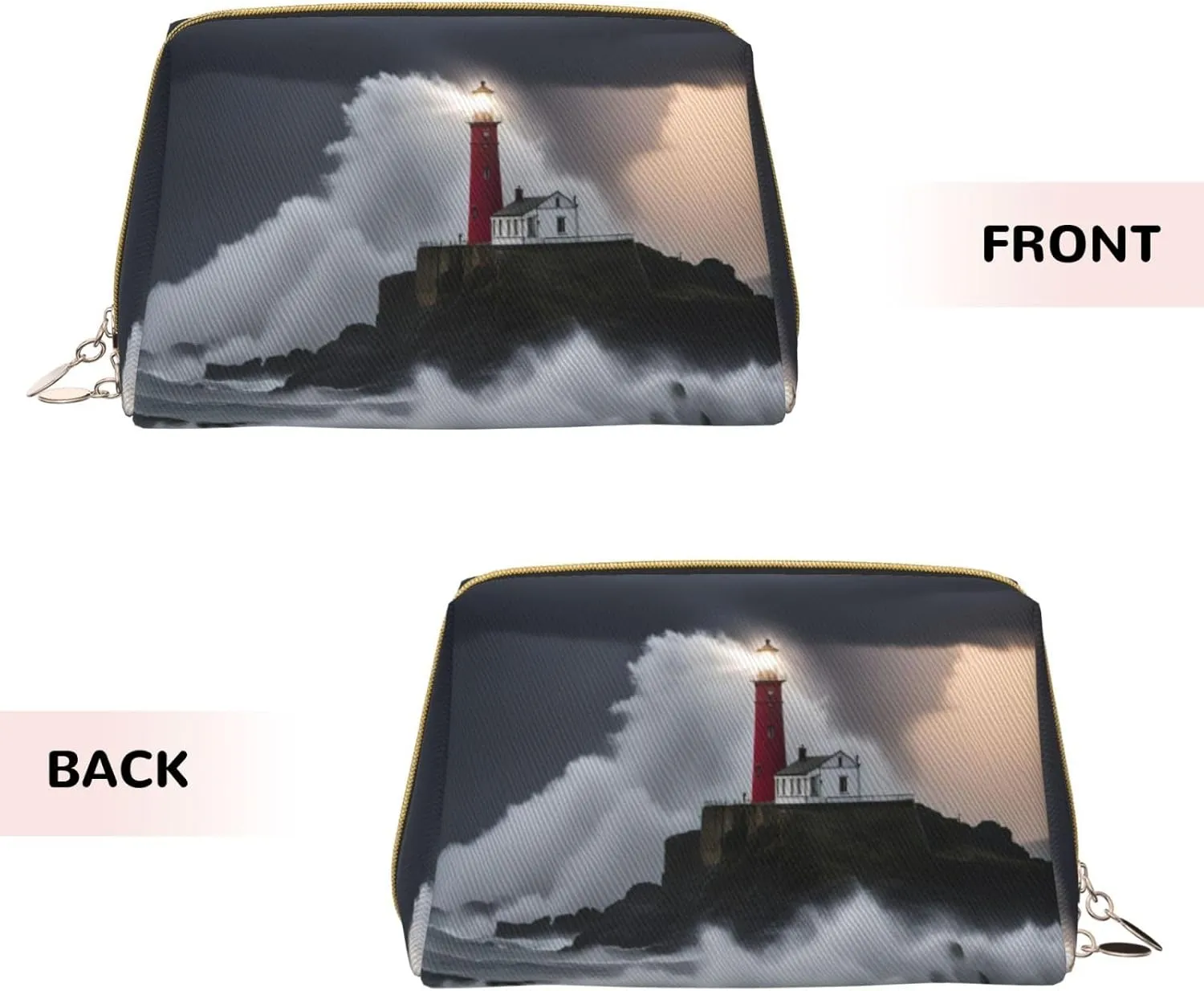 Lighthouse In Storm Leather Toiletry Travel Bag, Compact Makeup Organizer For Women