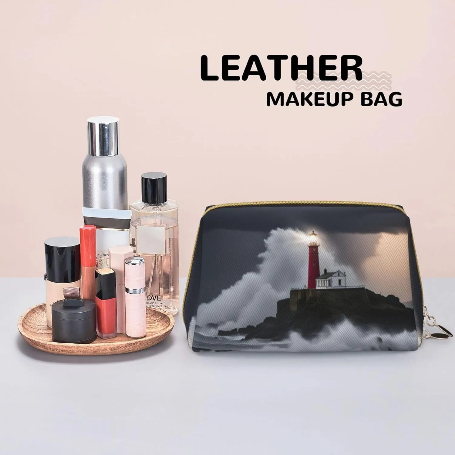 Lighthouse In Storm Leather Toiletry Travel Bag, Compact Makeup Organizer For Women