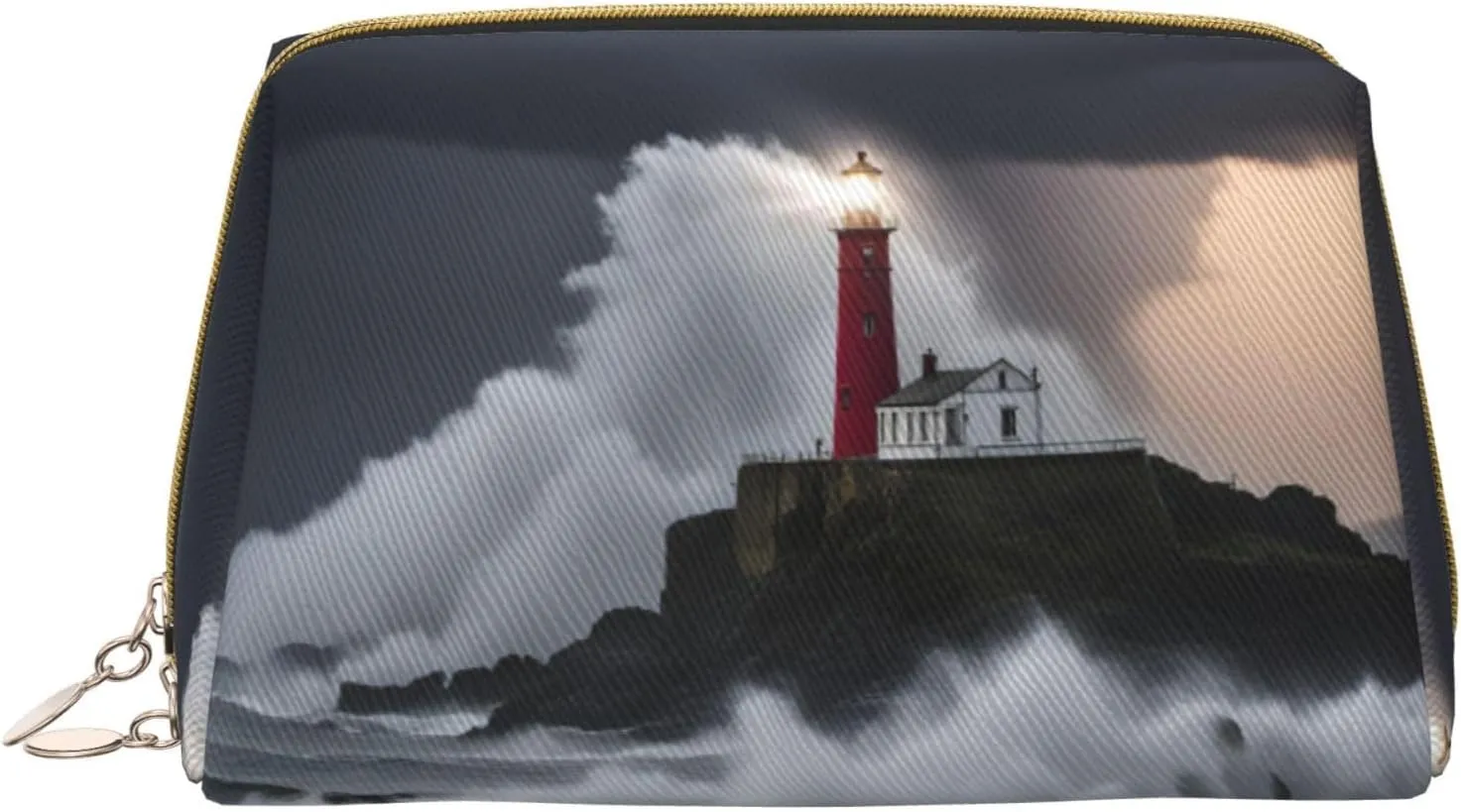 Lighthouse In Storm Leather Toiletry Travel Bag, Compact Makeup Organizer For Women