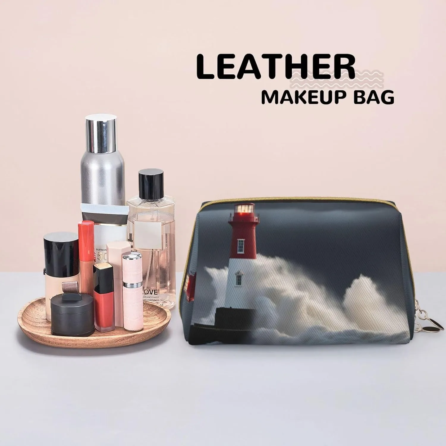 Lighthouse In Storm Leather Toiletry Travel Bag, Compact Makeup Organizer For Women