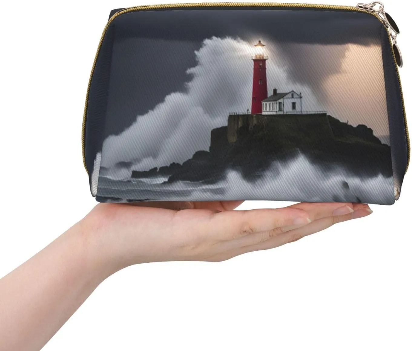 Lighthouse In Storm Leather Toiletry Travel Bag, Compact Makeup Organizer For Women