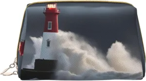 Lighthouse In Storm Leather Toiletry Travel Bag, Compact Makeup Organizer For Women