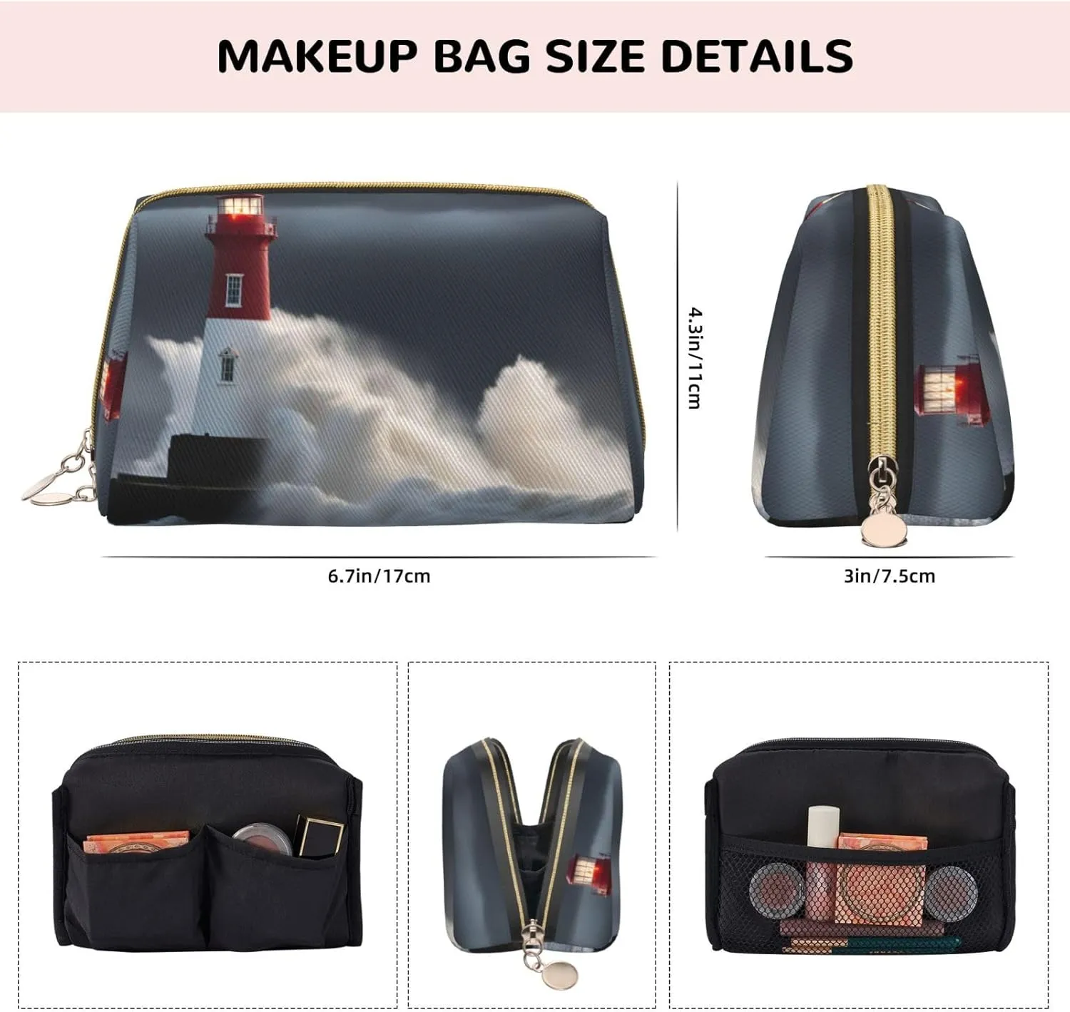 Lighthouse In Storm Leather Toiletry Travel Bag, Compact Makeup Organizer For Women