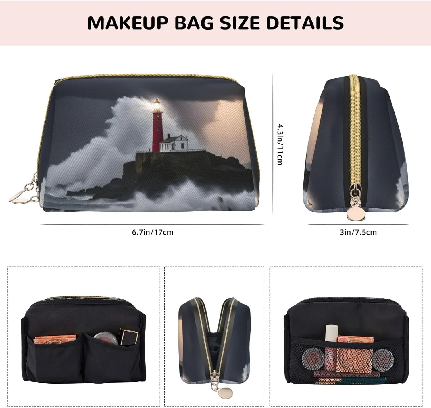 Lighthouse In Storm Leather Toiletry Travel Bag, Compact Makeup Organizer For Women