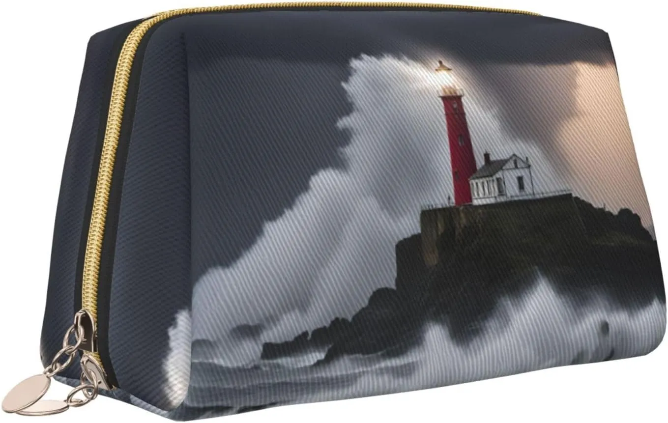 Lighthouse In Storm Leather Toiletry Travel Bag, Compact Makeup Organizer For Women