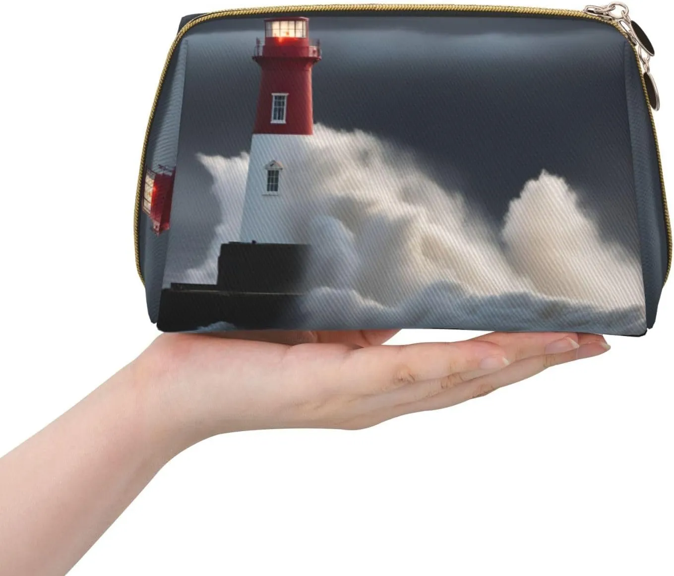 Lighthouse In Storm Leather Toiletry Travel Bag, Compact Makeup Organizer For Women