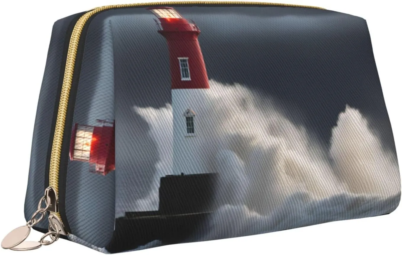 Lighthouse In Storm Leather Toiletry Travel Bag, Compact Makeup Organizer For Women