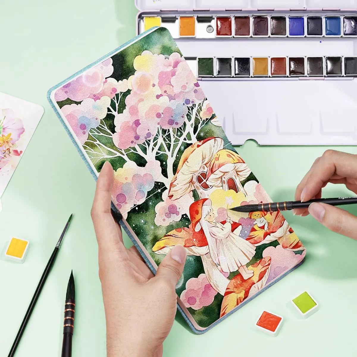 Lightwish Square Watercolor Journal,100% Cotton,300gsm/140lb,Acid-Free,24 Sheets Cold Press Watecolor Paper Sketchbook for Artists Adults Students,4.7 * 4.7 Inches