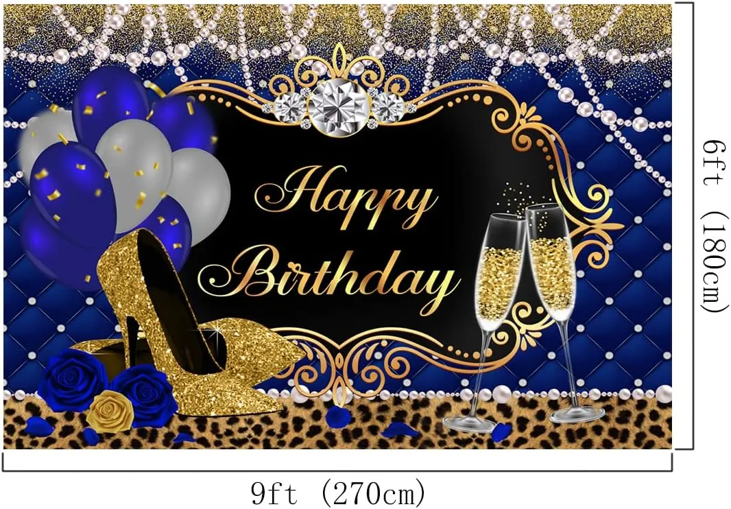 Lofaris Gold and Royal Blue Birthday Backdrop for Women Happy Birthday Party Background High Heels Blue and Sliver Balloons Pearl Leopard Decorations for Any Age Adults Women Party Banner 9x6ft